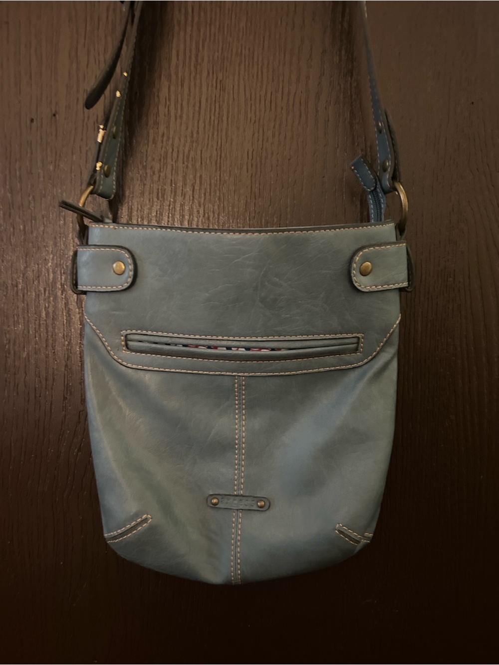 New No Tags Axcess Dusty Blue Faux Leather Adj. Strap Top Zipper Crossbody Bag